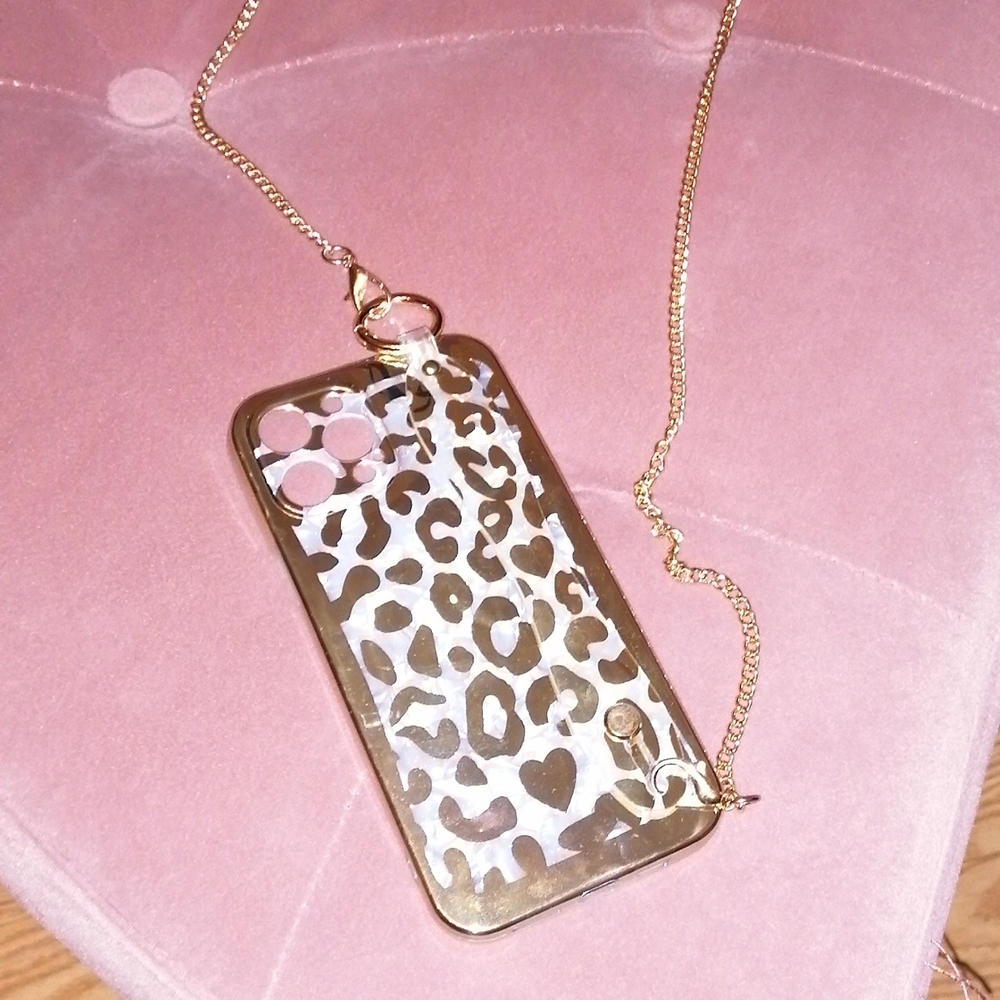 Reflective gold phone case with crossbody chain